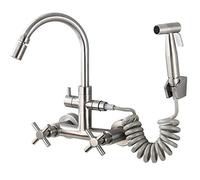 GGYTMQL Wall Mount Kitchen faucets, Pull-Out Spray, 304 Stainless Steel, Double Handle, Double Wall, Wall-Mounted,hot Water Sink, Sink, Laundry Pool-Large Curved Tube Single Water(Large Curved Pipe