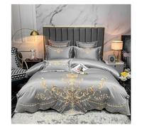 GGYTMQL White/Khaki Splicing Soft Satin Cotton Luxury Bedding Set d Royal Embroidery Duvet Cover Flat/Fitted Sheet Pillowcases,Bedding Set