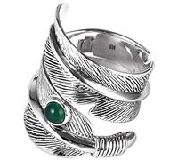 GGYTMQL Women Adjustable Ring, S925 Inlaid Green Agate Feathers Novelty Open Finger Ring for Wedding Birthday Party Jewelry