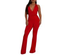 GHAKKE 2025 Women's Halter Neck Sexy Nightclub Jumpsuits Deep V Neck Sleeveless Backless Tie Waist Bodycon Long Pants Rompers(Red,S)