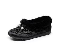 GHAKKE Chinese Style Floral Embroidered Fleece Lined Ankle Boots Women's Soft Sole Slip-On Casual Flat Shoes Winter Warm Comfort Cheongsam Shoes For Cold Weather(Black,39 EU)