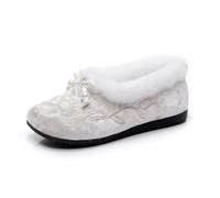 GHAKKE Chinese Style Floral Embroidered Fleece Lined Ankle Boots Women's Soft Sole Slip-On Casual Flat Shoes Winter Warm Comfort Cheongsam Shoes For Cold Weather(White,40 EU)