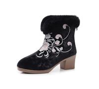 GHAKKE Chinese Style Floral Embroidered Women's Faux Fur Lined Chunky Heel Ankle Boots Winter Warm Cheongsam Shoes Elegant Stage Performance Oriental Shoes(Black,37 EU)