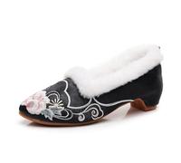 GHAKKE Chinese Style Flower Embroidered Women's Plush Lined Low Heel Ankle Boots Winter Warm Cheongsam Hanfu Shoes New Year Stage Performance Oriental Shoes(Black,39 EU)