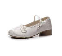 GHAKKE Elegant Floral Texture Women's Mary Jane Chunky Heel Pumps Chinese Style Cheongsam Ankle Strap Shoes Comfort Round Toe Low Heel Walking Shoes Daily Footwear(White,36 EU)