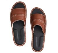 GHAKKE Men's Genuine Leather Slippers Indoor Open Toe Flat Sandals Women's Casual Lightweight Bedroom Hotel Slippers Non-Slip Comfort Home Office Shoes All Season Wear(Coffee,41/42 EU)