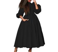 GHAKKE Women's Casual African Dresses Elegant Mock Neck Long Puff Sleeves High Waist A-Line Big Swing Maxi Dress With Belt (Color : Black, Size : S)