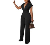 GHAKKE Women's Chic Deep V Neck Jumpsuit Solid Color Sleeveless High Waist Rompers Elegant Long Pants Overalls Cocktail Party (Color : Black, Size : XL)