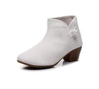 GHAKKE Women's Chinese Style Exquisite Jacquard Ankle Boots Traditional Ethnic Style Cheongsam Hanfu Performance Boots Vintage Block Heel Work Walking Shoes(White,6 UK)