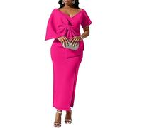 GHAKKE Women's Elegant Big Bow Embellished Evening Gown Sexy V Neck Short Sleeve High Waist Bodycon Slit Hem Maxi Dress (Color : Rose red, Size : L)