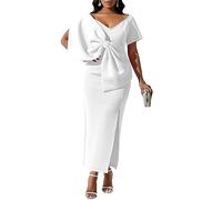 GHAKKE Women's Elegant Big Bow Embellished Evening Gown Sexy V Neck Short Sleeve High Waist Bodycon Slit Hem Maxi Dress (Color : White, Size : XL)