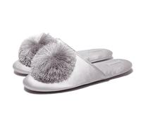 GHAKKE Women's Elegant Satin Closed Toe Slippers Fluffy Faux Fur Ball Comfort House Slippers Lightweight Non-Slip Flat Sandals Soft Indoor Shoes For Bedroom Living Room(Light Grey,36/37 EU)