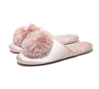 GHAKKE Women's Elegant Satin Closed Toe Slippers Fluffy Faux Fur Ball Comfort House Slippers Lightweight Non-Slip Flat Sandals Soft Indoor Shoes For Bedroom Living Room(Light Pink,38/39 EU)