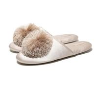 GHAKKE Women's Elegant Satin Closed Toe Slippers Fluffy Faux Fur Ball Comfort House Slippers Lightweight Non-Slip Flat Sandals Soft Indoor Shoes For Bedroom Living Room(Champagne,38/39 EU)