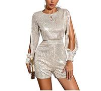 GHAKKE Women's Fashion Glitter Sequin Nightclub Jumpsuit Long Sleeve Split Rompers High Waist Wide Leg Short Pants Playsuits (Color : Champagne, Size : L)