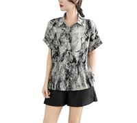 GHAKKE Women's Fashion Tie-Dye Printed Chiffon Shirts Lapel Short Sleeve Button Down Blouse Casual Loose Summer Tunic Tops(XL) Black