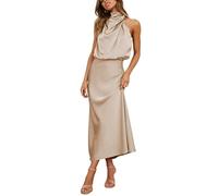 GHAKKE Womens Mock Neck Satin Evening Gown Elastic High Waist Wedding Guest Cocktail Elegant Formal Maxi Bridesmaid Dress (Color : Apricot, Size : M)
