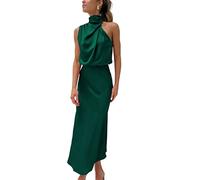 GHAKKE Womens Mock Neck Satin Evening Gown Elastic High Waist Wedding Guest Cocktail Elegant Formal Maxi Bridesmaid Dress (Color : Dark green, Size : XL)