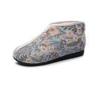 GHAKKE Women's Oriental Style Floral Embroidered Ankle Boots Winter Warm Plush Lined High-Top Flat Shoes Traditional Chinese Style Casual Shoes Cosplay Footwear(Blue,38 EU)