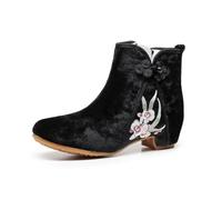 GHAKKE Women's Retro Ethnic Style Floral Embroidered Ankle Boots Winter Warm Plush Lined Snow Boots Traditional Chinese Style Low Chunky Heel Cheongsam Shoes(Black,36 EU)