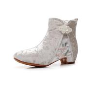 GHAKKE Women's Retro Ethnic Style Floral Embroidered Ankle Boots Winter Warm Plush Lined Snow Boots Traditional Chinese Style Low Chunky Heel Cheongsam Shoes(Beige,35 EU)