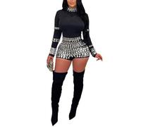 GHAKKE Women's Rhinestone Sparkly Nightclub Jumpsuits High Neck Sexy Long Sleeve Bodycon Short Pants Rompers Party Outfits(Black,M)