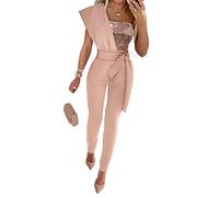 GHAKKE Women's Sexy Slim Sequin Outfits Elegant Sleeveless Backless Jumpsuit High Waisted Long Pants Rompers Cocktail Party (Color : Pink, Size : XXL)