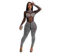 GHAKKE Womens Sexy Solid Hot Diamond Jumpsuit Transparent Mesh See-through Nightclub Rompers Long Sleeve Long Pants Playsuits (Color : Black, Size : XL)