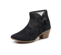 GHAKKE Women's Traditional Chinese Style Floral Jacquard Ankle Boots Comfort Chunky Heel Walking Shoes Elegant Cheongsam Shoes Stage Performance Boots Daily Footwear(Black,40 EU)