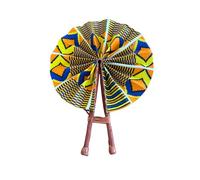 GhanaStuff Handmade African Ankara Fabric Handheld Portable Fan, Genuine Leather Handle, Made in Ghana (yellow blue geo)