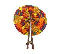 GhanaStuff Handmade African Ankara Fabric Handheld Portable Fan, Genuine Leather Handle, Made in Ghana (bright kente)