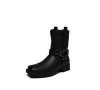 GHARIE CHAMPIONS Women Black Platform Ankle Boots Ladies Square Toe PU Leather Biker Boots Women Equestrianed Ring Buckle Winter Boots