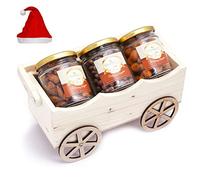 Ghasitaram Gifts Christmas Gifts Natural Wooden Cart with Chocolate Coated Butterscotch, Crunchy Coated Cashews and Peri Peri Almonds Jars