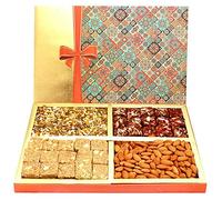 Ghasitaram Gifts Diwali Gifts - Diwali Hampers Printed Bow Hamper Box with Almonds, Sugarfree Dates Figs Bites, Granula Bites and Roasted Namkeen 800 GMS
