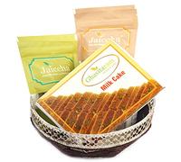 Ghasitaram Gifts Diwali Gifts Round Basket of Almonds, Raisins and Milk Cake