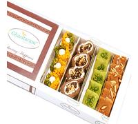 Ghasitaram Gifts Diwali Gifts Sweets- Assorted Box of Pista Barfi, Kesar Pista Delight, Choco Boat and Besan Barfi 400 GMS