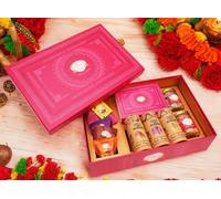 Ghasitaram Gifts Jaiccha Holi- Sweets/Holi Hampers/Thandai Big Pink Hamper Box of Gujiyas, Sweets/ Bites, Dryfruits, Thandai and Organic Gulal