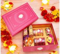 Ghasitaram Gifts Jaiccha Holi- Sweets/Holi Hampers/Thandai Big Pink Hamper Box of Namkeens, Sweets/ Bites, Dryfruits, Thandai and Organic Gulal