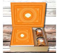 Ghasitaram Gifts Jaiccha Holi- Sweets/Holi Hampers/Thandai Ghasitaram Orange Hamper Box with Assorted Gujiyas, Crunchy Cashews and Mixed Nuts Jars