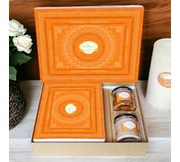 Ghasitaram Gifts Jaiccha Holi- Sweets/Holi Hampers/Thandai Ghasitaram Orange Hamper Box with Assorted Gujiyas, Thandai and Mixed Nuts Jars
