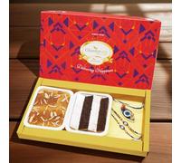 Ghasitaram Gifts Jaiccha Rakhi for Brother - Gift Box with Mini Kaju Katlis, Milk Cake and Evil Eye Rakhis