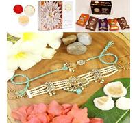 Ghasitaram Gifts Jaiccha Rakhi for Brother Rakhis Online - BRS25-007-Heavy Kundan Bracelet & Rakhi Bhaiya Bhabhi Rakhis with Asorted Bites Box and 200 GMS of Kaju katli