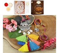 Ghasitaram Gifts Jaiccha Rakhi for Brother Rakhis Online LS24-003-Elephant with Multi Tassel Bhaiya Bhabhi Rakhi with 200 GMS of Besan Barfi and 200 GMS of Kaju Katli