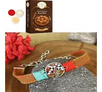 Ghasitaram Gifts Jaiccha Rakhi for Brother Rakhis Online - PRK25-007-Handmade Woven Leather Band Tree of Life Bracelet Premium Rakhi with 200 GMS of Besan Barfi