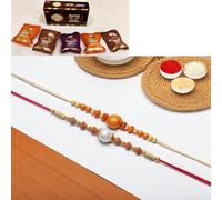 Ghasitaram Gifts Jaiccha Rakhi for Brother Rakhis Online - Set of 2 abc119 and ABC 106 Pearl rakhis with Asorted Bites Box