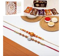 Ghasitaram Gifts Jaiccha Rakhi for Brother Rakhis Online - Set of 2 abc119 and ABC 106 Pearl rakhis with Asorted Bites Box and 200 GMS of Kaju katli