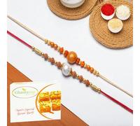 Ghasitaram Gifts Jaiccha Rakhi for Brother Rakhis Online - Set of 2 abc119 and ABC 106 Pearl rakhis with 400 GMS of Besan Barfi