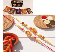 Ghasitaram Gifts Jaiccha Rakhi for Brother Rakhis Online - Set of 2 abc35 and abc105 om rakhis with Asorted Bites Box