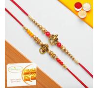 Ghasitaram Gifts Jaiccha Rakhi for Brother Rakhis Online - Set of 2 y26 and y58 om Ganesh Divine rakhis with 400 GMS of Besan Barfi
