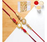Ghasitaram Gifts Jaiccha Rakhi for Brother Rakhis Online - Set of 2 y84 and ABC 147 Pearl Ring rakhis with 400 GMS of Soan Papdi